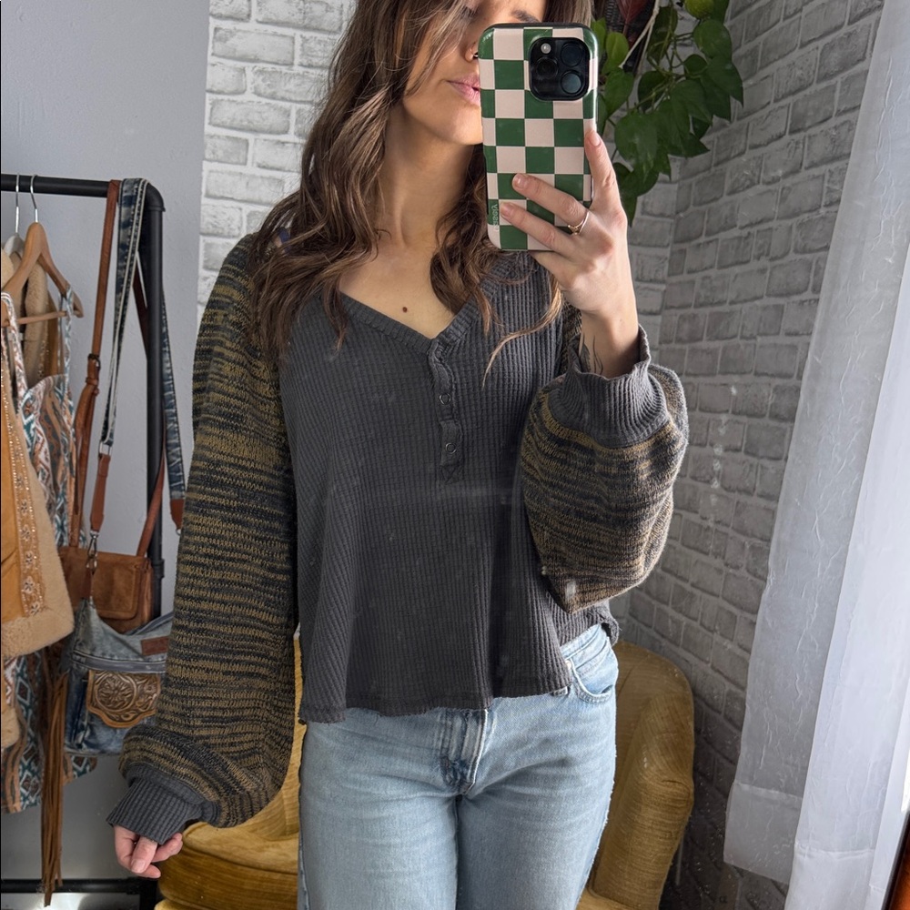 We The Free // Charcoal Waffle Henley with Balloon Sleeves